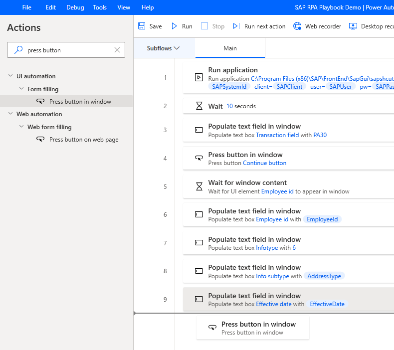 Screenshot of the Power Automate Desktop designer window with Press button in Window being added from the Actions pane after Effective Date.