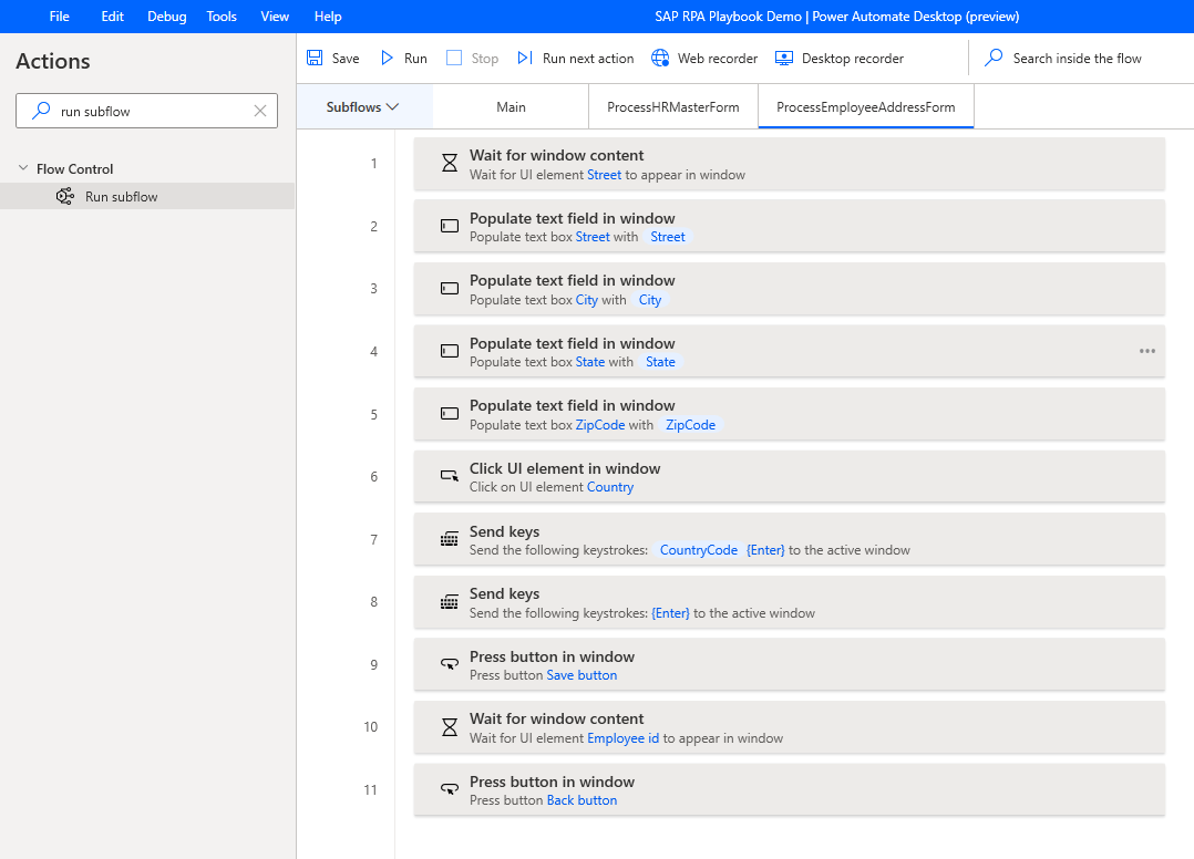 Screenshot of the Power Automate Desktop designer window with the ProcessEmployeeAddressForm subflow open after the copied rows are pasted in.