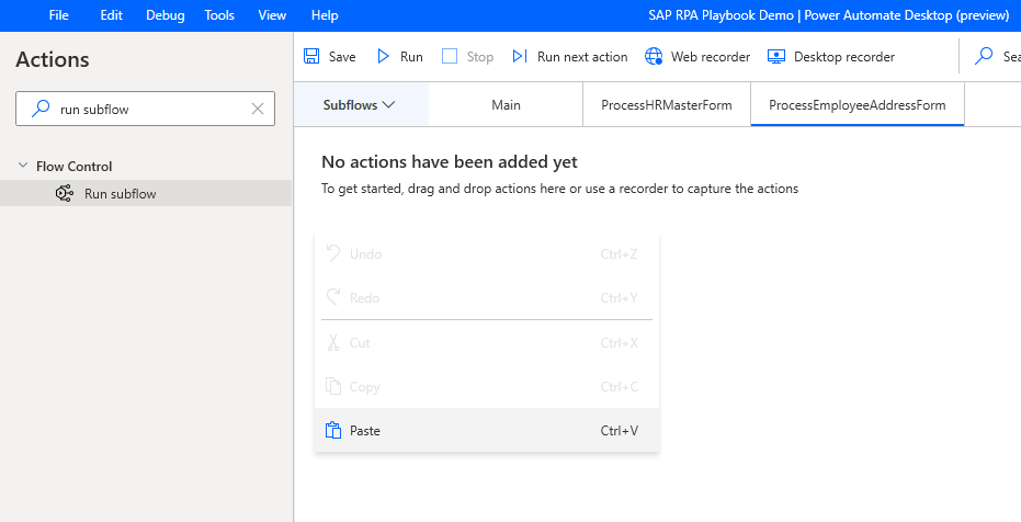 Screenshot of the Power Automate Desktop designer window with the ProcessEmployeeAddressForm subflow open before the copied rows are pasted in.