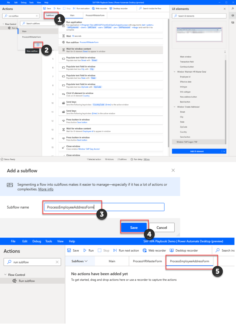 Screenshot of the Power Automate Desktop designer window with a new subflow named ProcessEmployeeAddressForm.