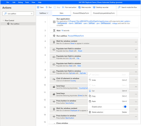 Screenshot of the Power Automate Desktop designer window with rows 4 through 14 selected and the shortcut menu open with Cut selected.