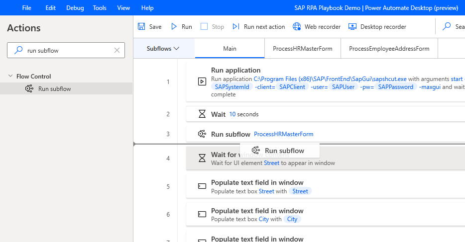 Screenshot of the Power Automate Desktop Designer window with Run subflow being added from the Actions pane after the ProcessHRMasterForm subflow is added.