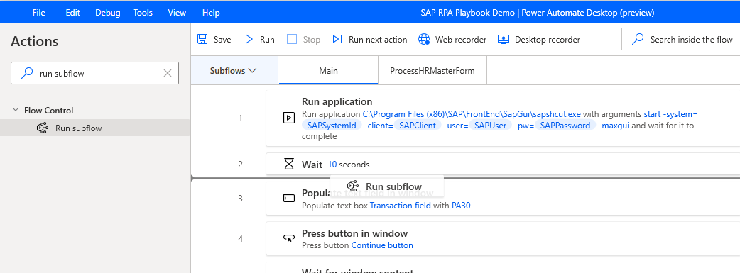 Screenshot of the Power Automate Desktop designer window with Run subflow being added from the Actions pane.