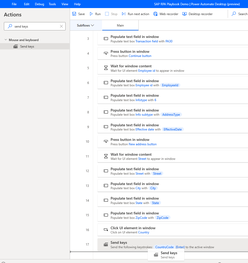 Screenshot of the Power Automate Desktop designer window with Send keys being added.