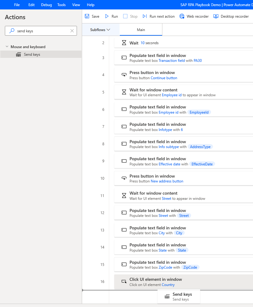 Screenshot of the Power Automate Desktop designer window with Send keys being added added after Country.