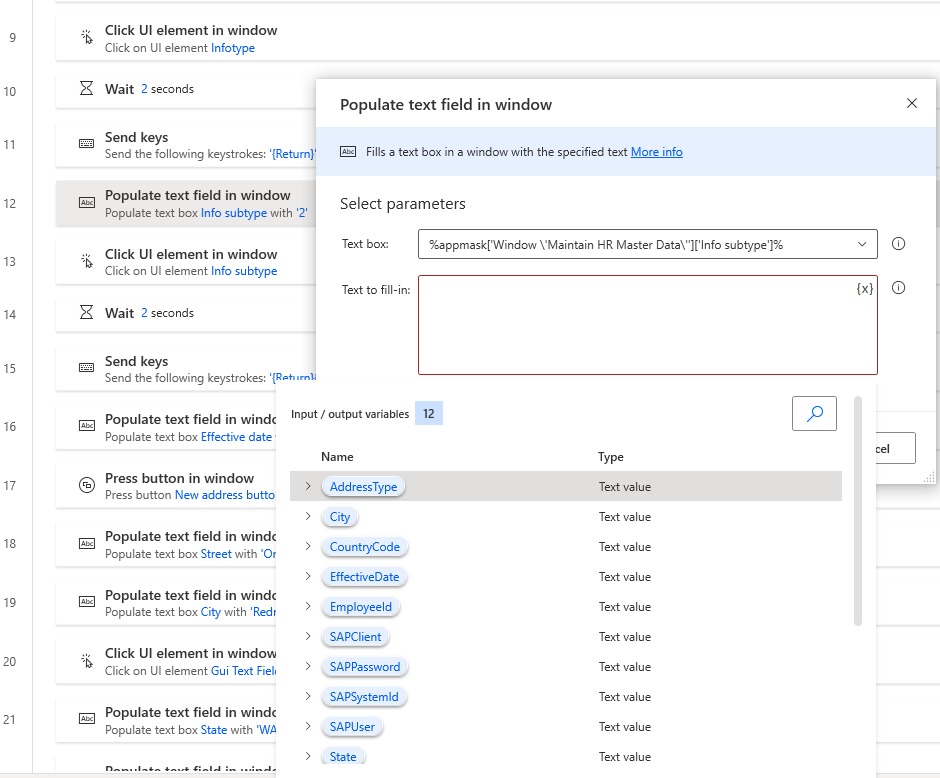 Screenshot of Power Automate Desktop that shows a Populate text field action dialog with a previously defined AddressType variable.