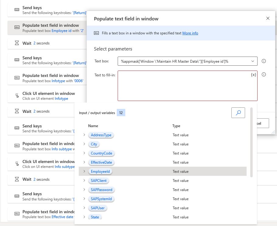 Screenshot of Power Automate Desktop showing a Populate text field action dialog listing the previously defined EmployeeId variable.