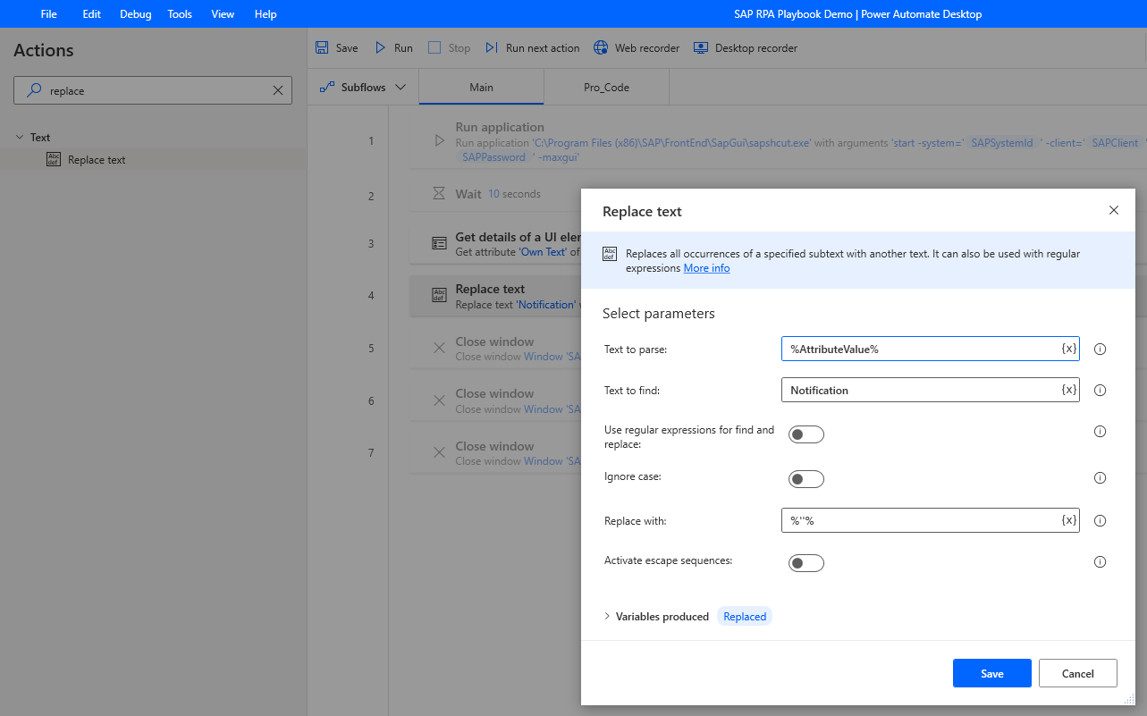 Screenshot that shows a Replace text action dialog with its parameters specified.