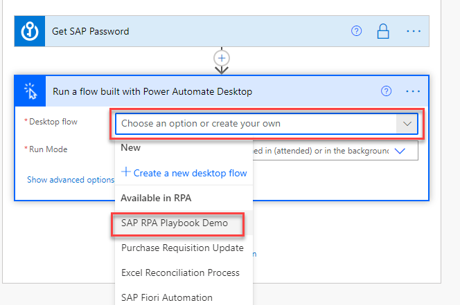 Screenshot of the Run a flow built by Power Automate Desktop dialog with Desktop flow selected.