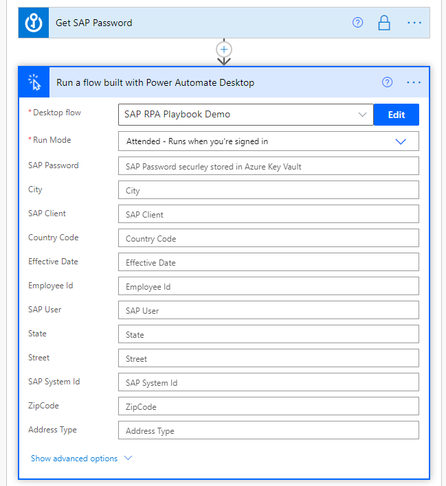 Screenshot of the Run a flow built by Power Automate Desktop dialog with Run mode selected.