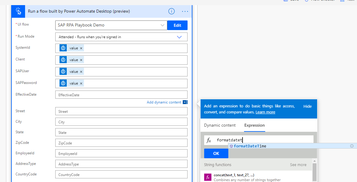 Screenshot of the Run a flow built by Power Automate Desktop dialog with the date format being set from the Expressions dialog.