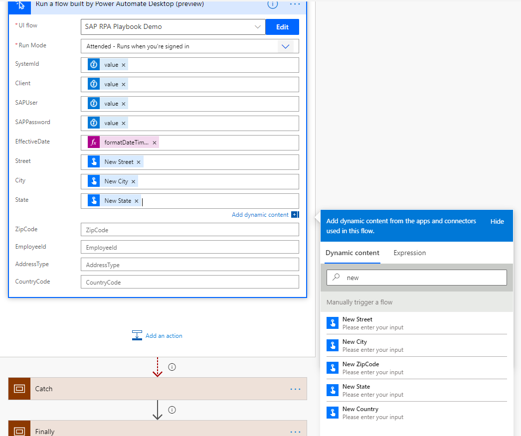 Screenshot of the Run a flow built by Power Automate Desktop dialog with variables being set.