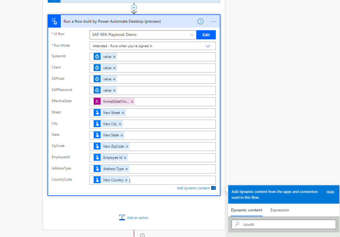 Screenshot of the Run a flow built by Power Automate Desktop dialog after all variables are set.