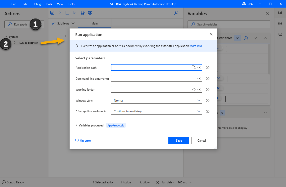 Screenshot of a Run Application action dialog that has been added to the authoring canvas.