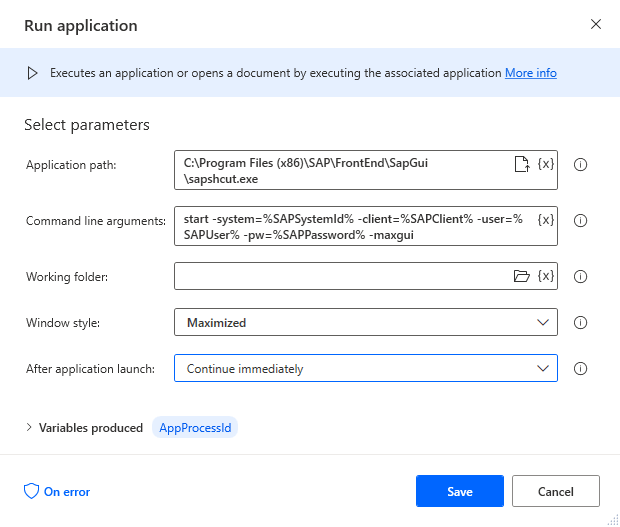 Screenshot of Run Application dialog with parameters entered.