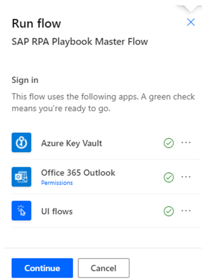 Screenshot of the Run flow dialog in the Power Automate portal with a sign-in area for connection authorization and Continue selected.