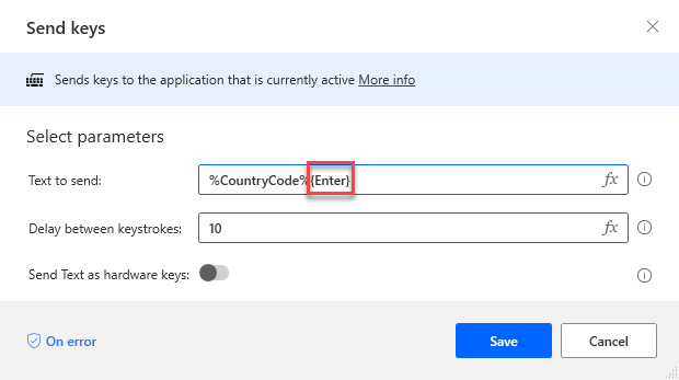 Screenshot of Send Keys dialog with CountryCode Enter in the Text to send field.