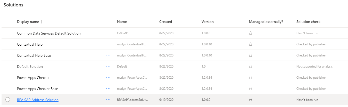 Screenshot of the Power Automate Solutions list with the new solution selected.