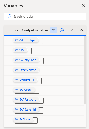 Screenshot of the variables windows with the created variable names.