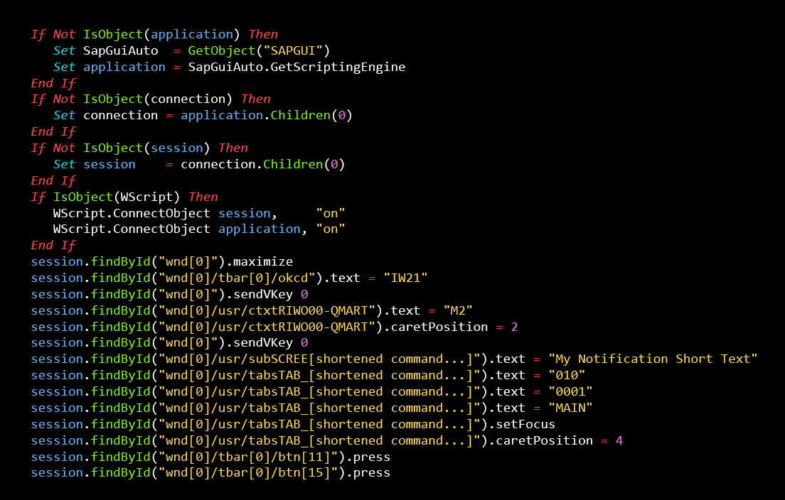 Screenshot of VBScript generated during SAP Notification creation.