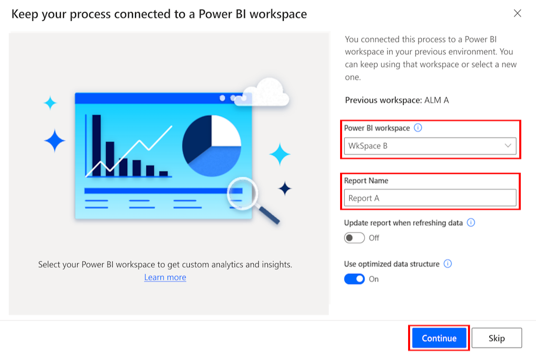 Screenshot of selecting a new workspace for your process with the same report name as your previous report.