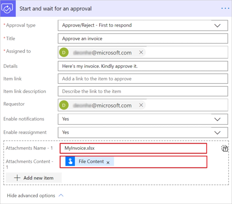 Advanced options on approval request card.