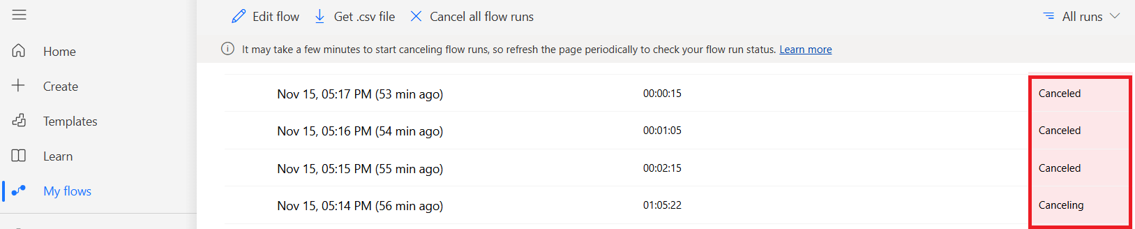 Screenshot of flow runs in the state of 'Canceled'.