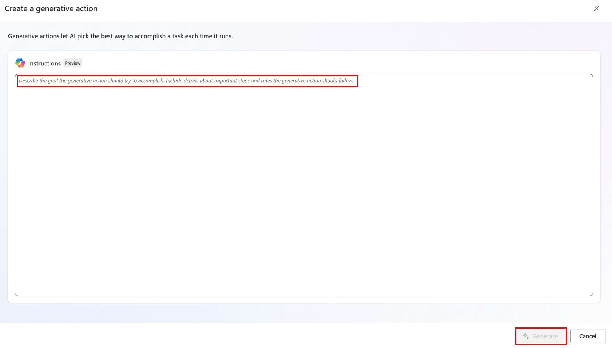 Screenshot of a generative action description and the 'Generate' button.
