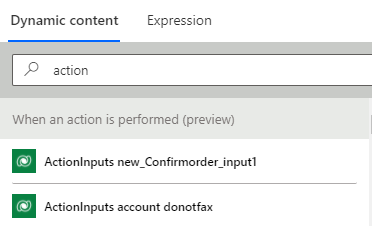 Screenshot of the dynamic content picker in the Power Automate designer showing output from the "When an action is performed" trigger