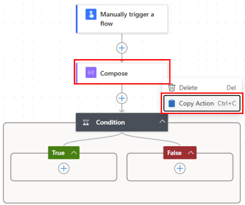 Screenshot of copying an action.