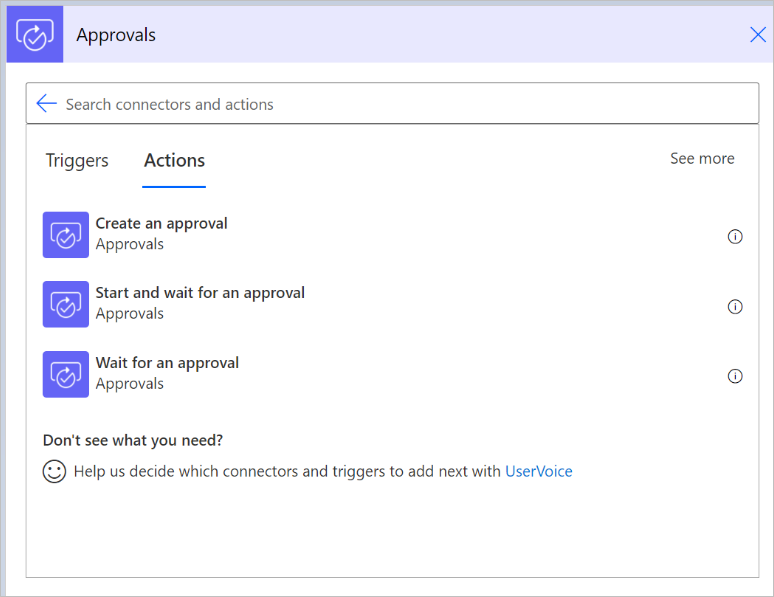 Screenshot of the actions Create an approval, Start and wait for an approval, and Wait for an approval.