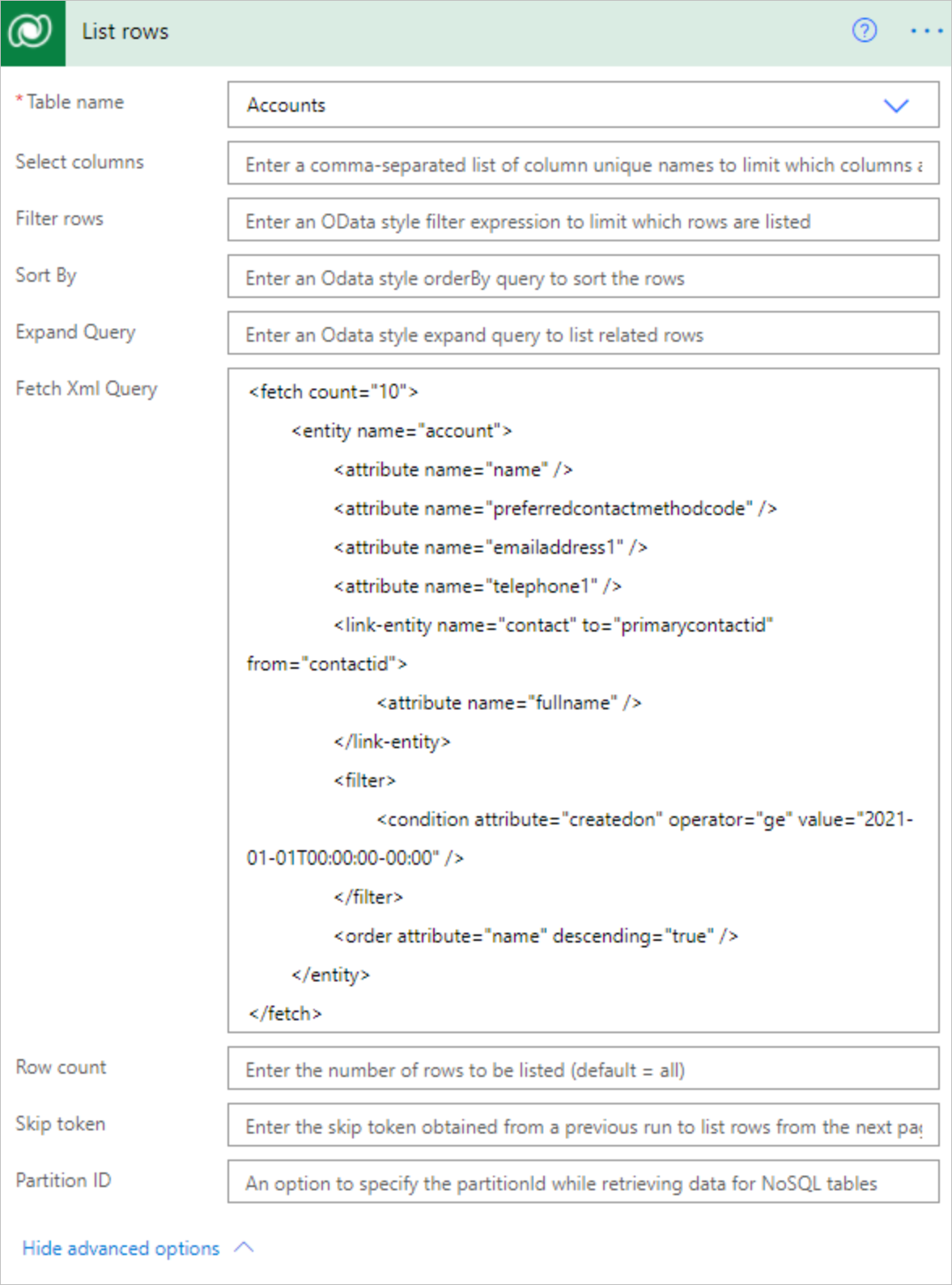 List accounts example with FetchXML.