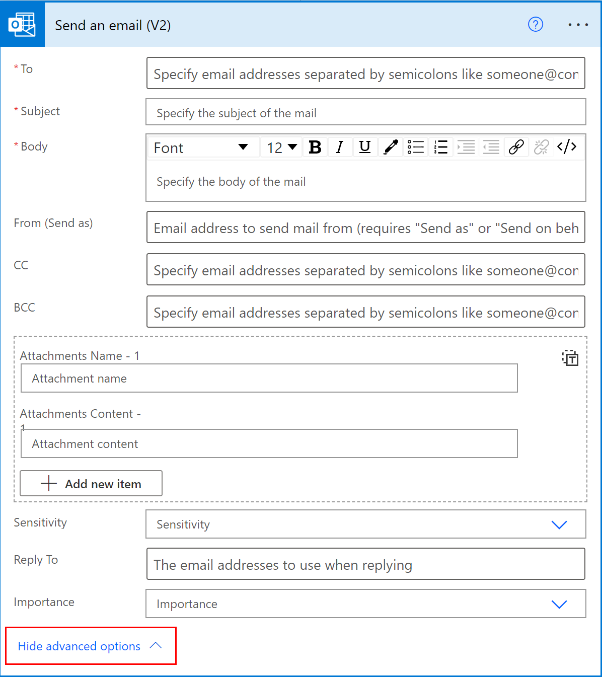 Screenshot of showing advanced options.