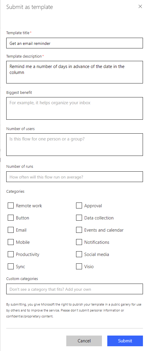 Screenshot of template options.