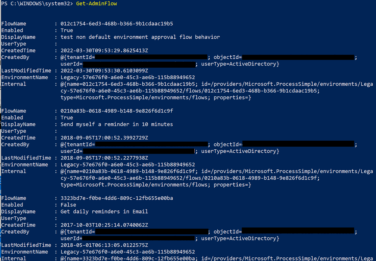 Screenshot that displays the output of Get-AdminFlow.