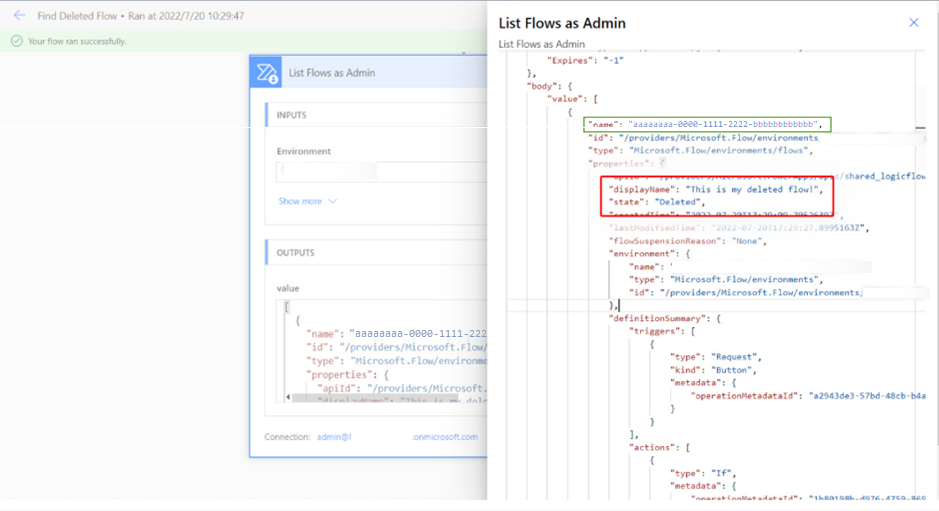 Screenshot of the flow name in the action output.