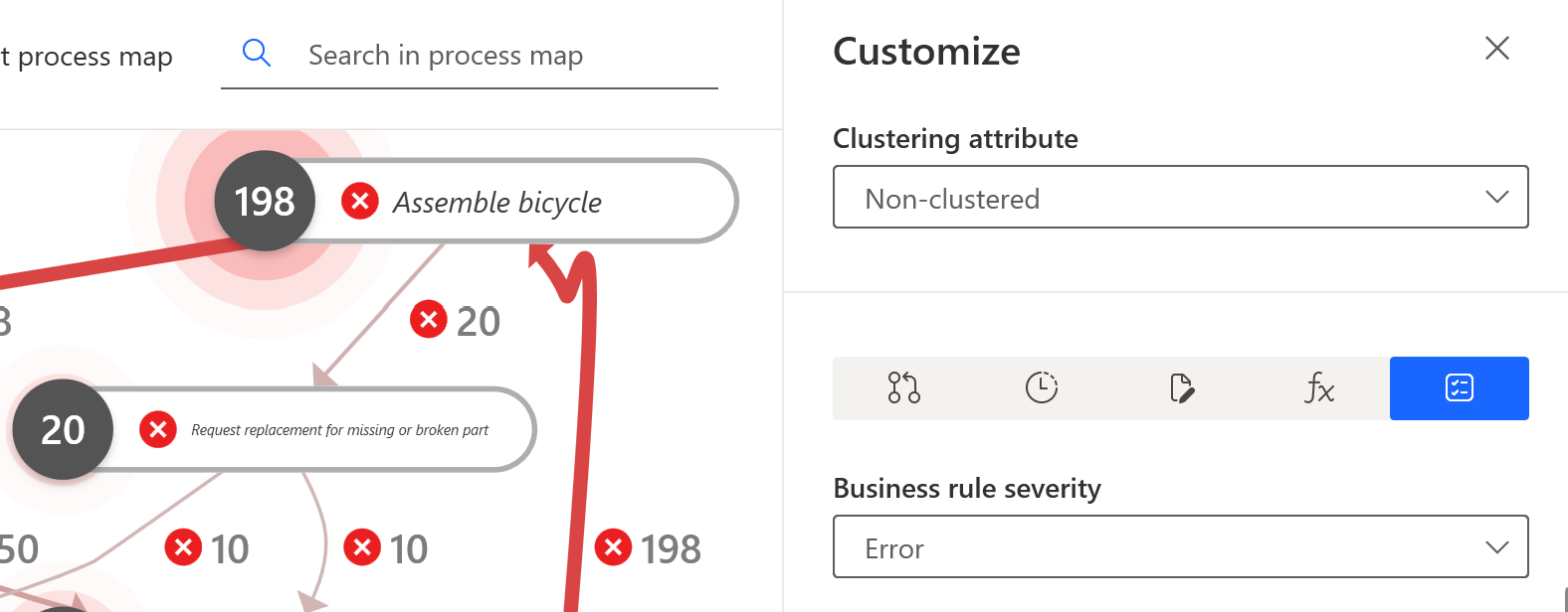 Screenshot of a process map displaying severity.