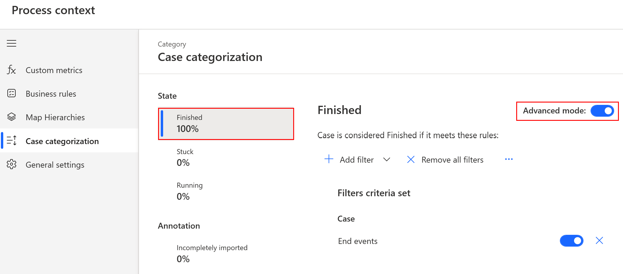 Screenshot of categorizing Finished cases in advanced mode.