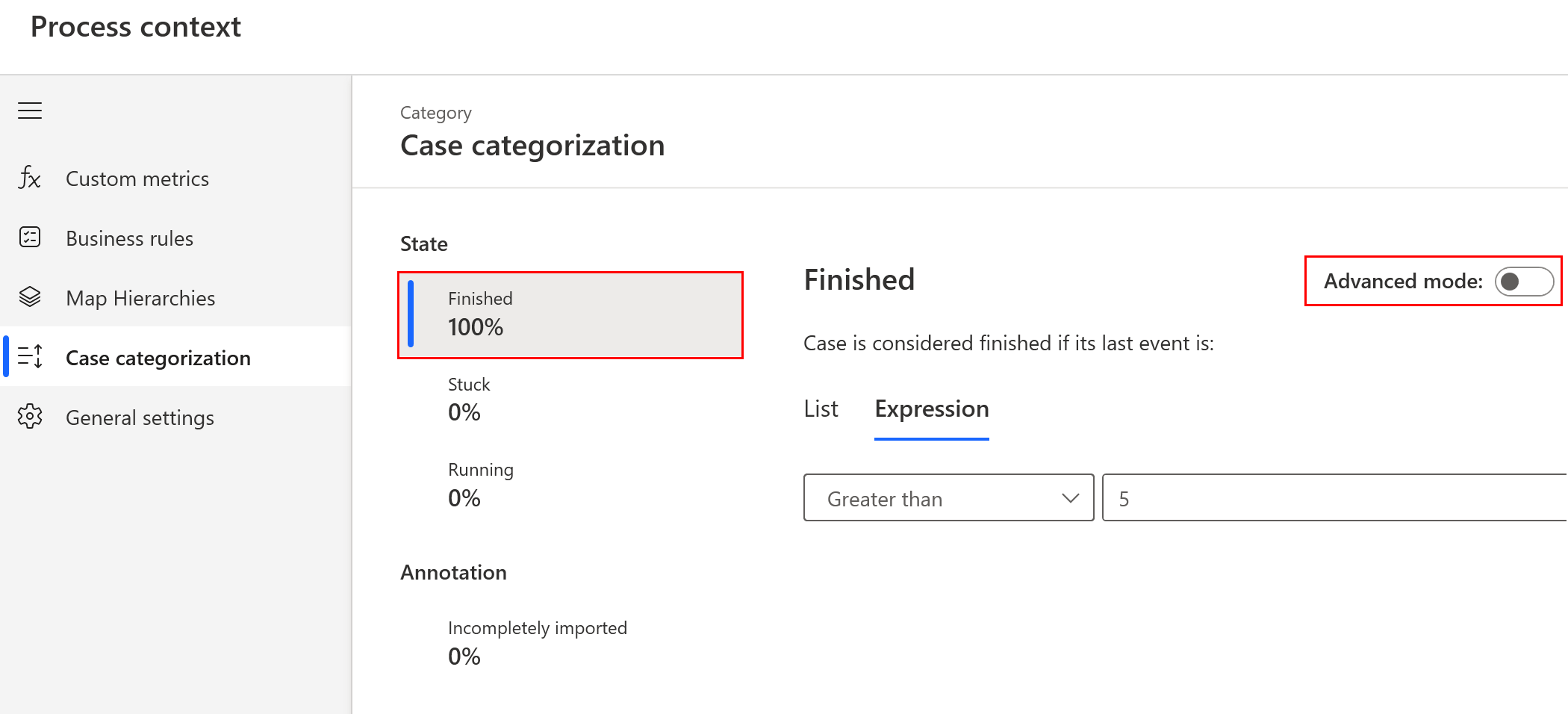 Screenshot of categorizing Finished cases in simple mode.