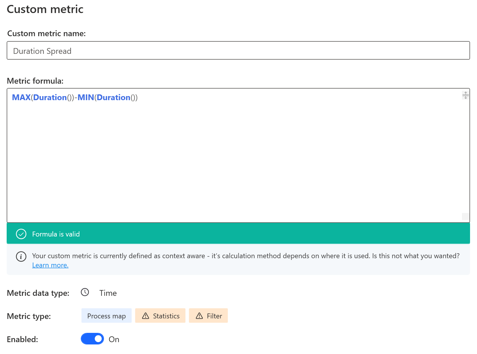 Screenshot of the metric formula in the Metric formula field.