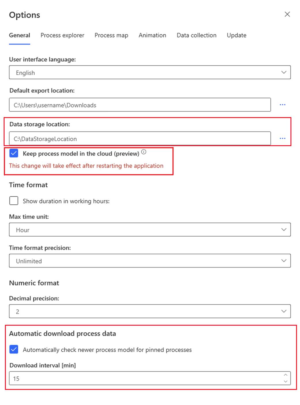 Screenshot of the 'Options' screen with 'Keep process model in cloud option' checked.