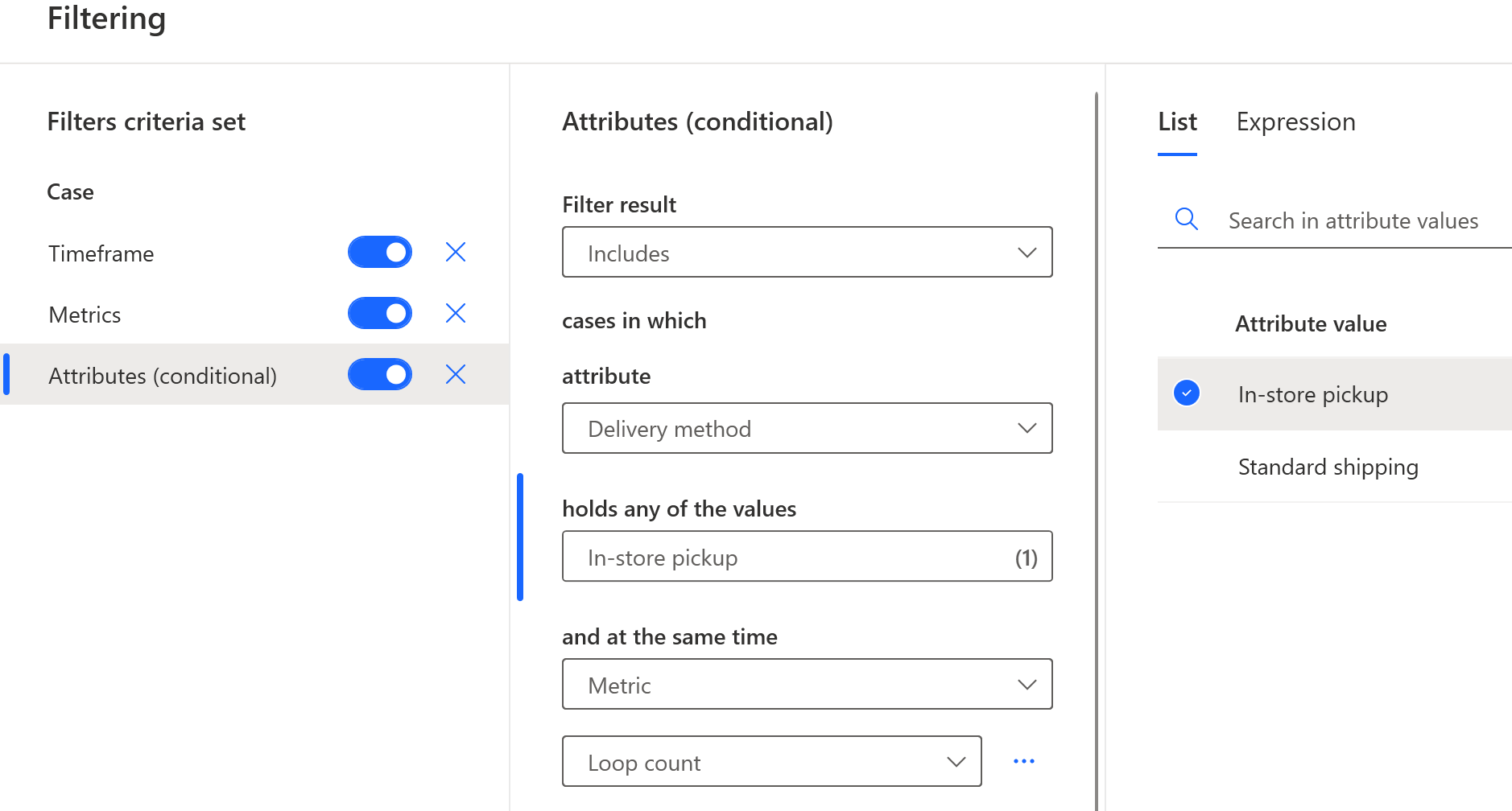 Screenshot of the metrics filter per event.