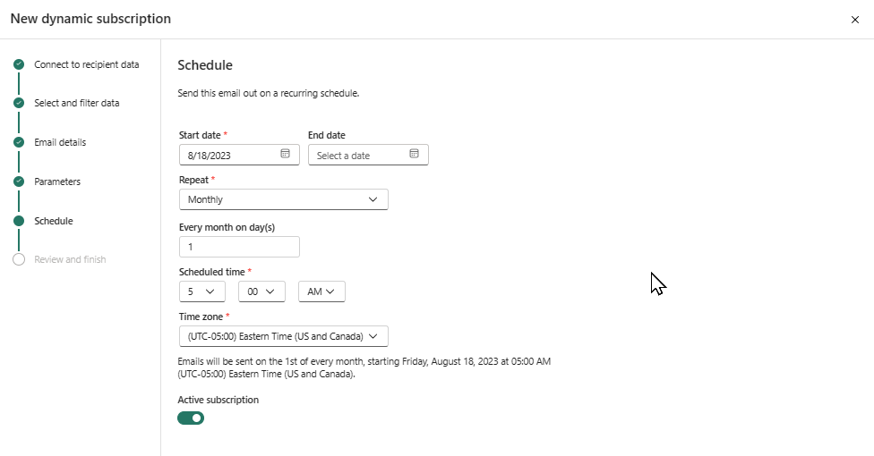 Screenshot of the Power BI service showing the Schedule window.