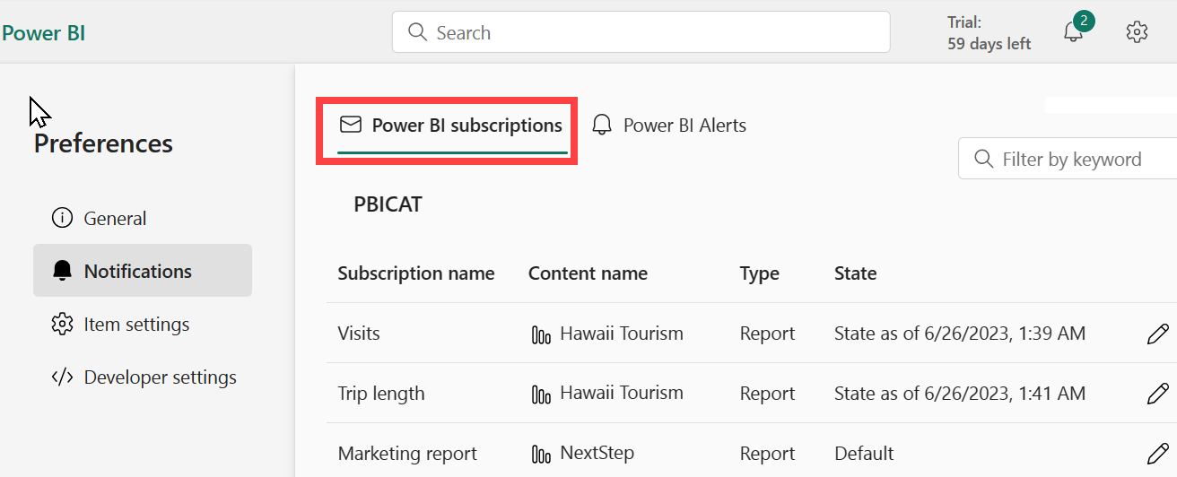 Screenshot showing the Notifications pane with Power BI subscription outlined in red.