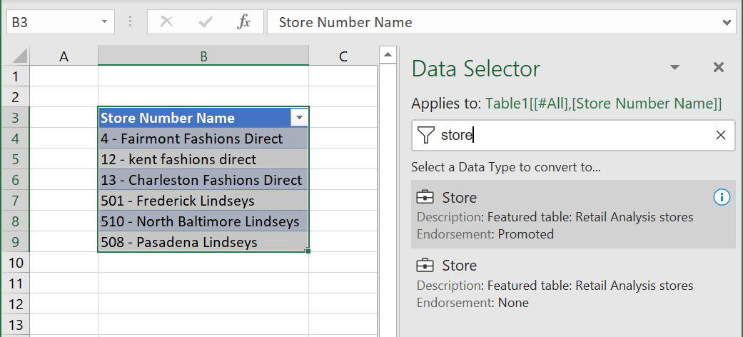 Screenshot of Excel Organizational Data, Suppliers data type table.