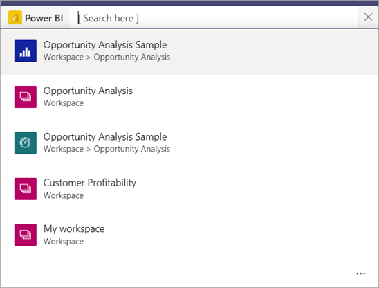 Screenshot of the Teams search bar showing a list of reports and My workspace in Power BI app.