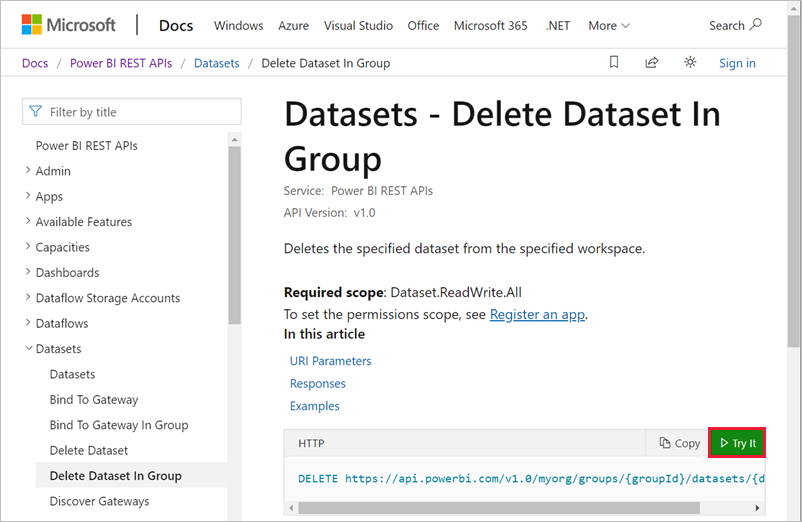 Screenshot showing Delete semantic model Try it.