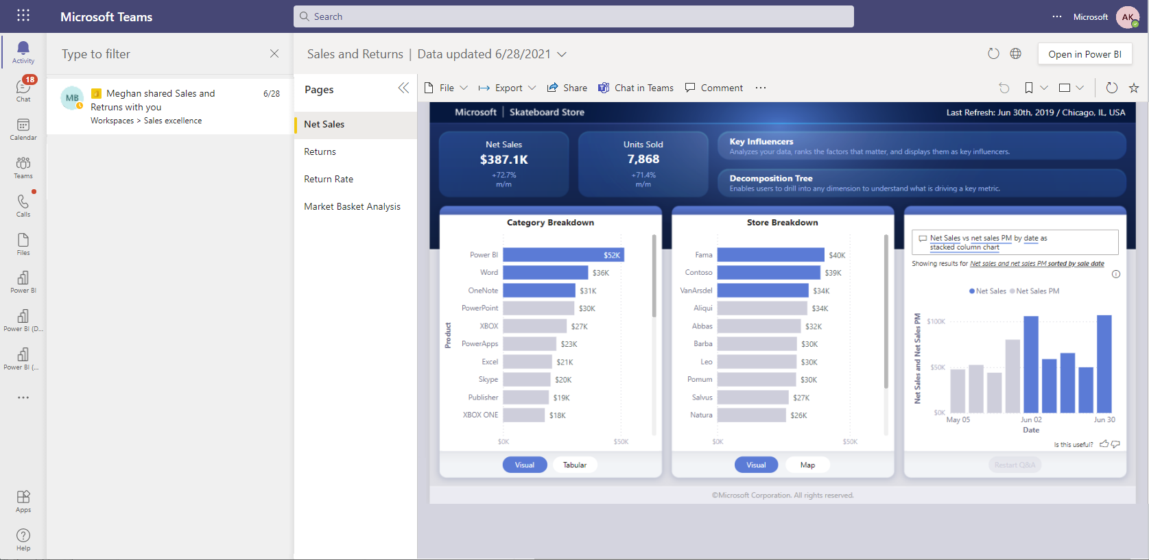 Screenshot showing Get Power BI notifications in Microsoft Teams activity feed.