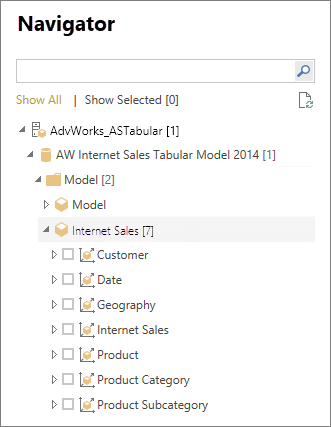 Screenshot shows the Navigator table or column to load.