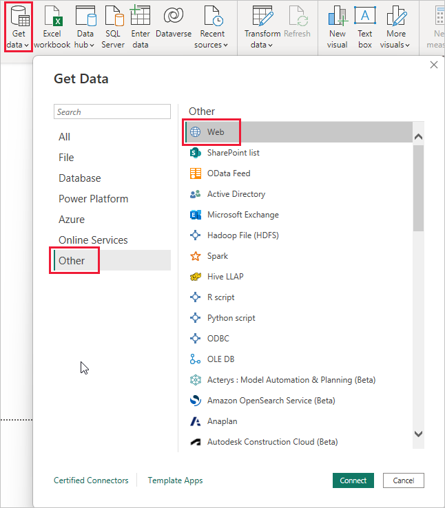 Screenshot of selecting web from data sources.